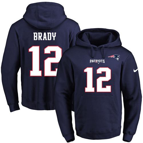 Nike Patriots #12 Tom Brady Navy Blue Name & Number Pullover NFL Hoodie - Click Image to Close